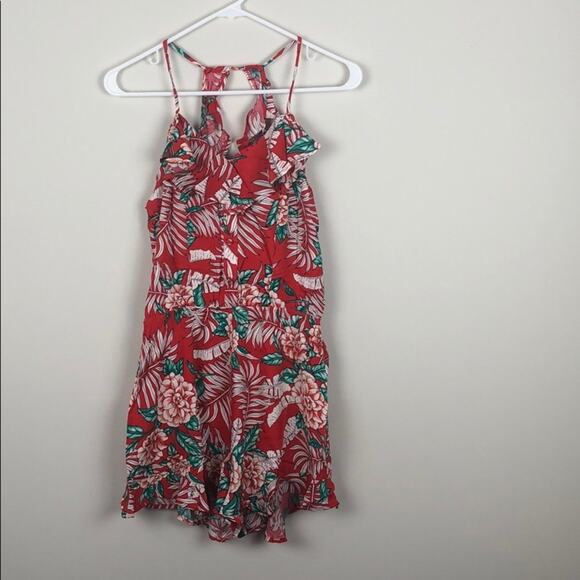 Red Ruffle Romper Tropical Floral - Picture 8 of 9